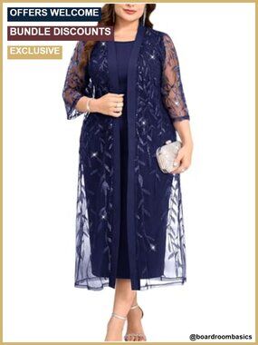 Plus Size 2 Piece Dress Suit Sequin Sheer Cardigan Formal Wedding Guest